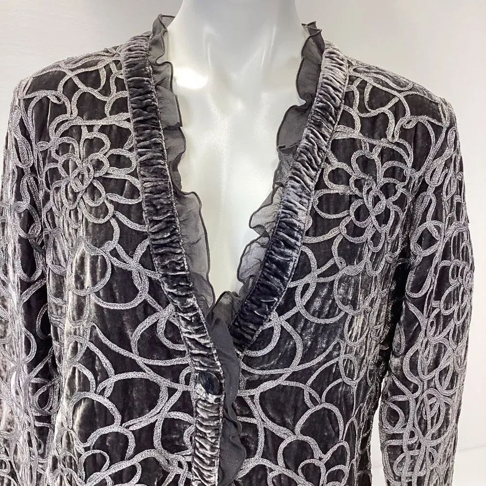 Chico’s Silver Keeley Jacket Black and Silver Lace Cardigan Velvet Edging NWT M